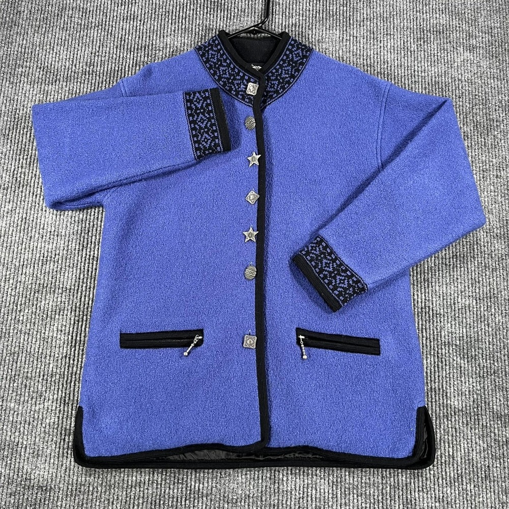Vintage Icelandic Design Coat Womens Medium Blue Wool Star Button Lined Jacket